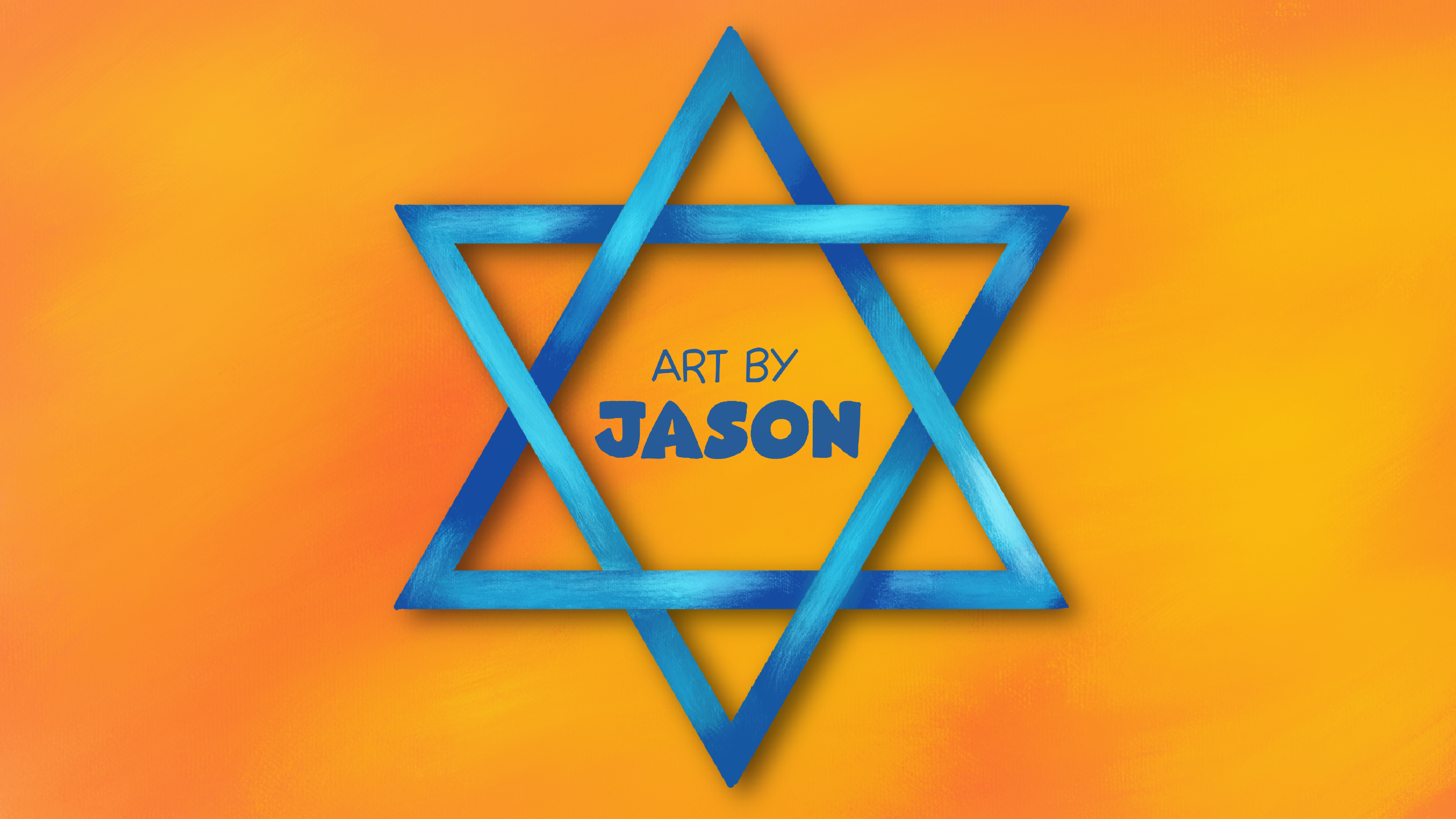 A large blue six-pointed Star of David painted in blue with a watercolor texture is centered on a warm golden-orange gradient background; clean, bold, and celebratory.