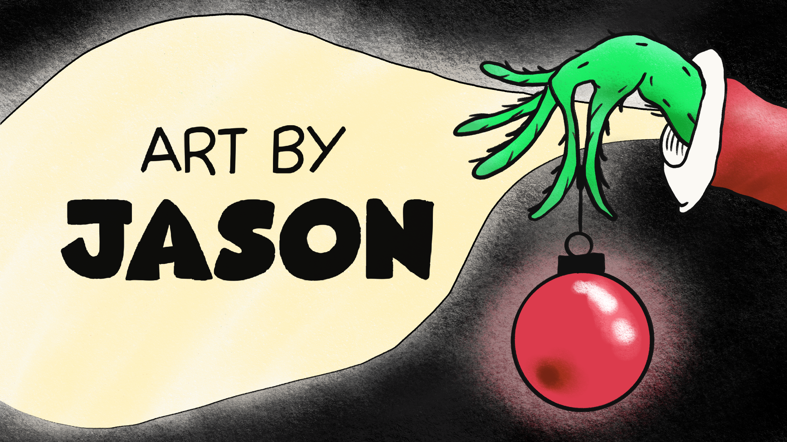 A cartoon green Grinch-like hand reaches from the right, dangling a red Christmas ornament ball over a bright spotlight on a dark background; dark and humorous, high contrast.