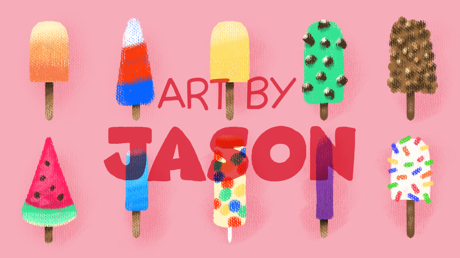 A row of eight different colorful ice cream bars on sticks — watermelon, red-white-blue, yellow, green, chocolate, rainbow-sprinkle — line up on a soft pink background; playful and appetizing.