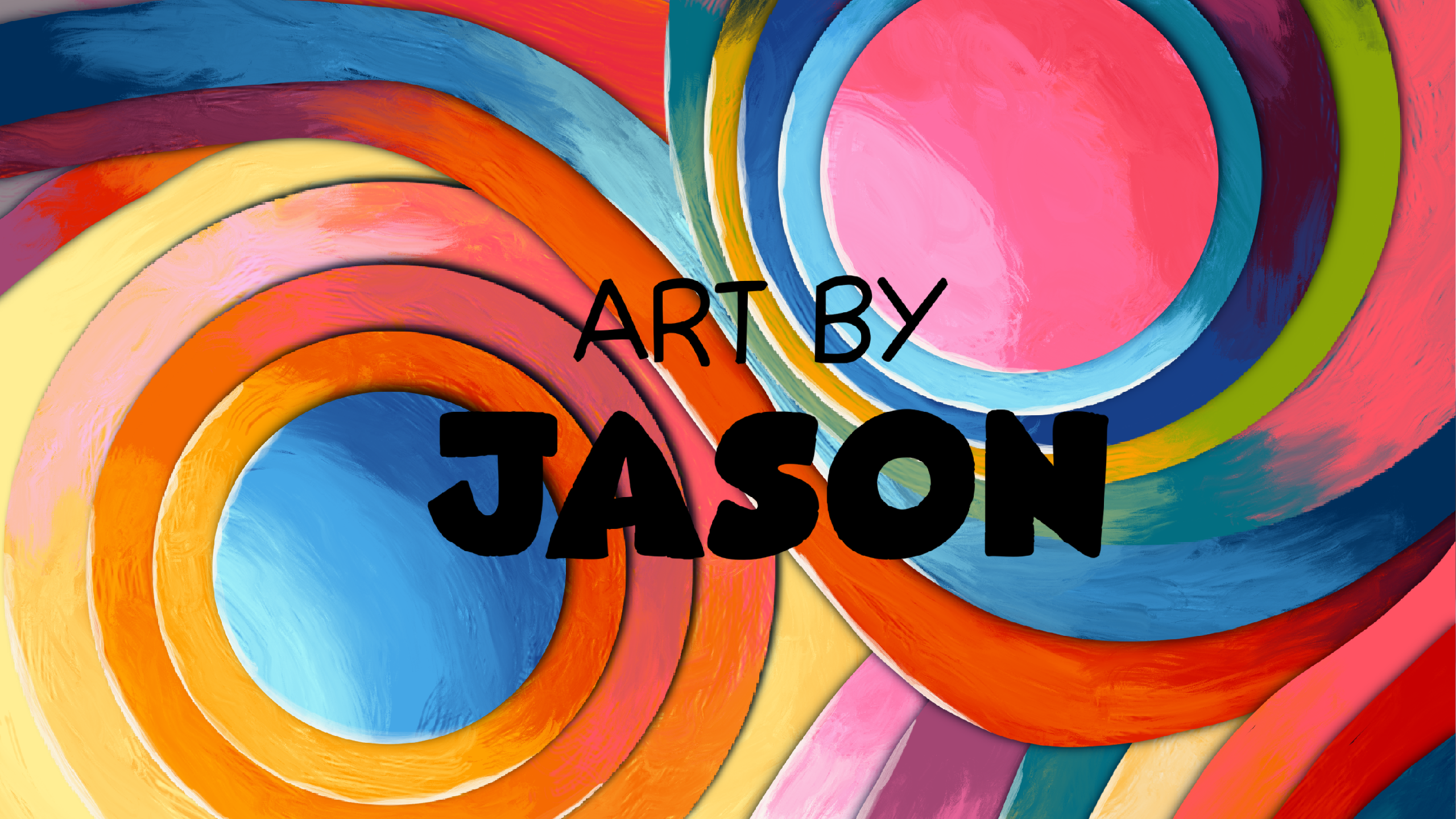 Large concentric spiral rings in bold warm and cool colors (orange, red, blue, pink, yellow) overlap and intersect across the frame in an oil-painting style; energetic and dynamic abstract art.