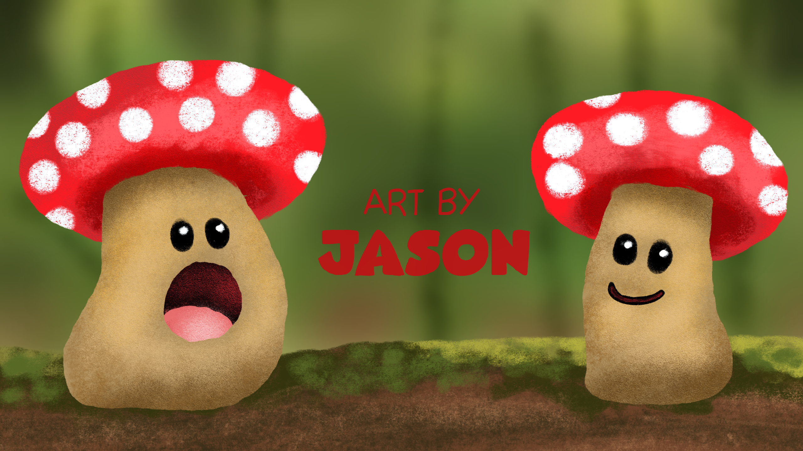 Two red-and-white polka-dot cartoon mushrooms with faces — one with mouth open and one smiling — stand in a mossy forest; soft, textured, and charming digital illustration.
