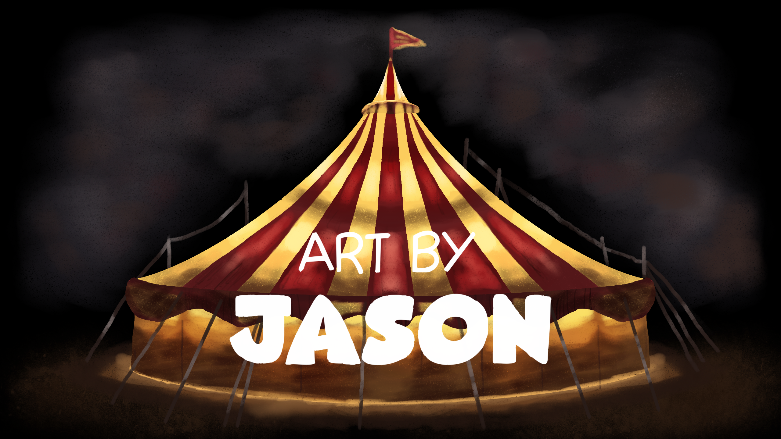 A dramatic classic circus tent in red-and-yellow stripes rises against a dark smoky background; moody and atmospheric with rich golden lighting.