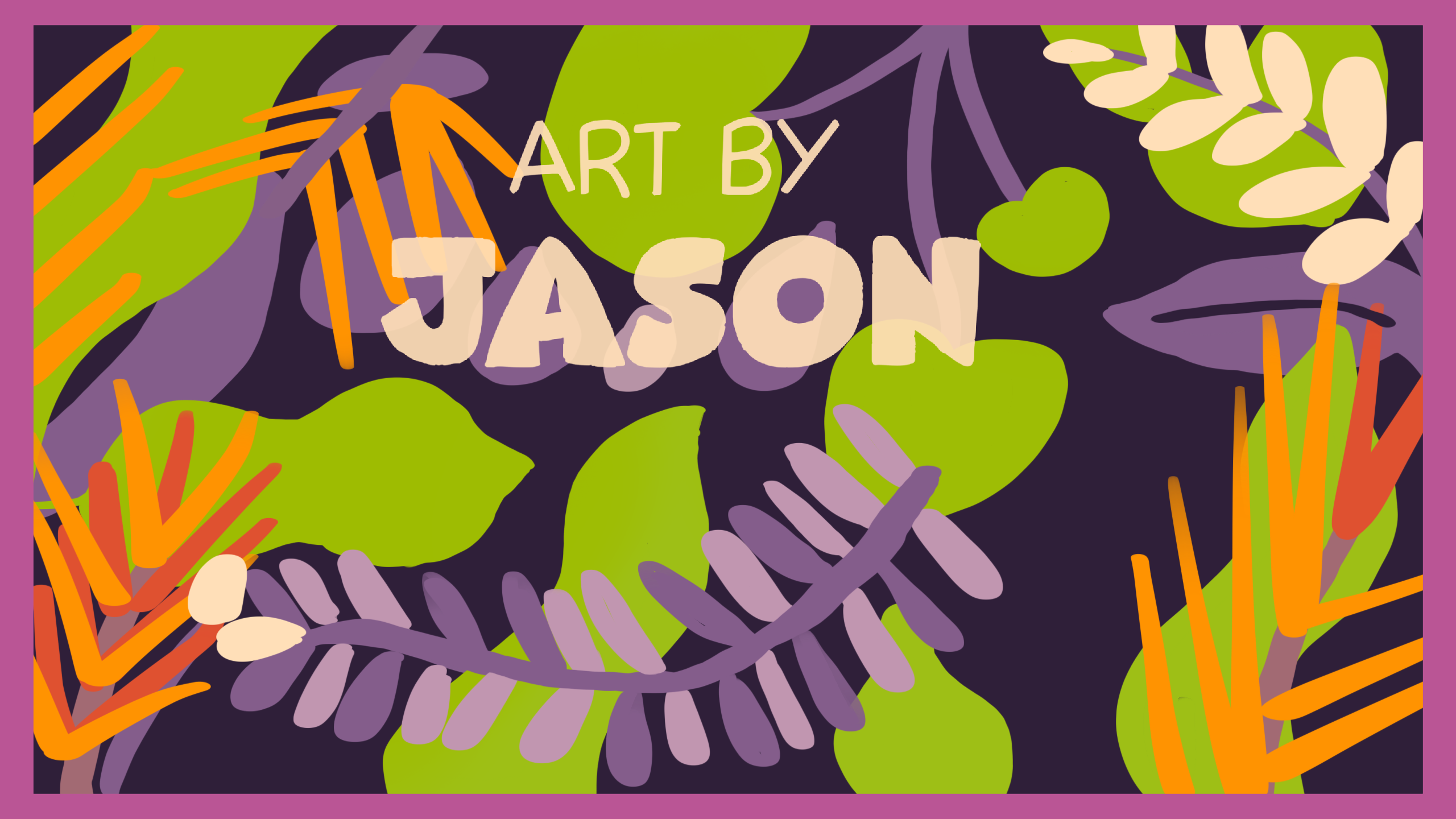 A flat graphic pattern of green, orange, and purple leaf and fern shapes in various sizes on a deep purple background with a pink border; bold, geometric, and colorful.