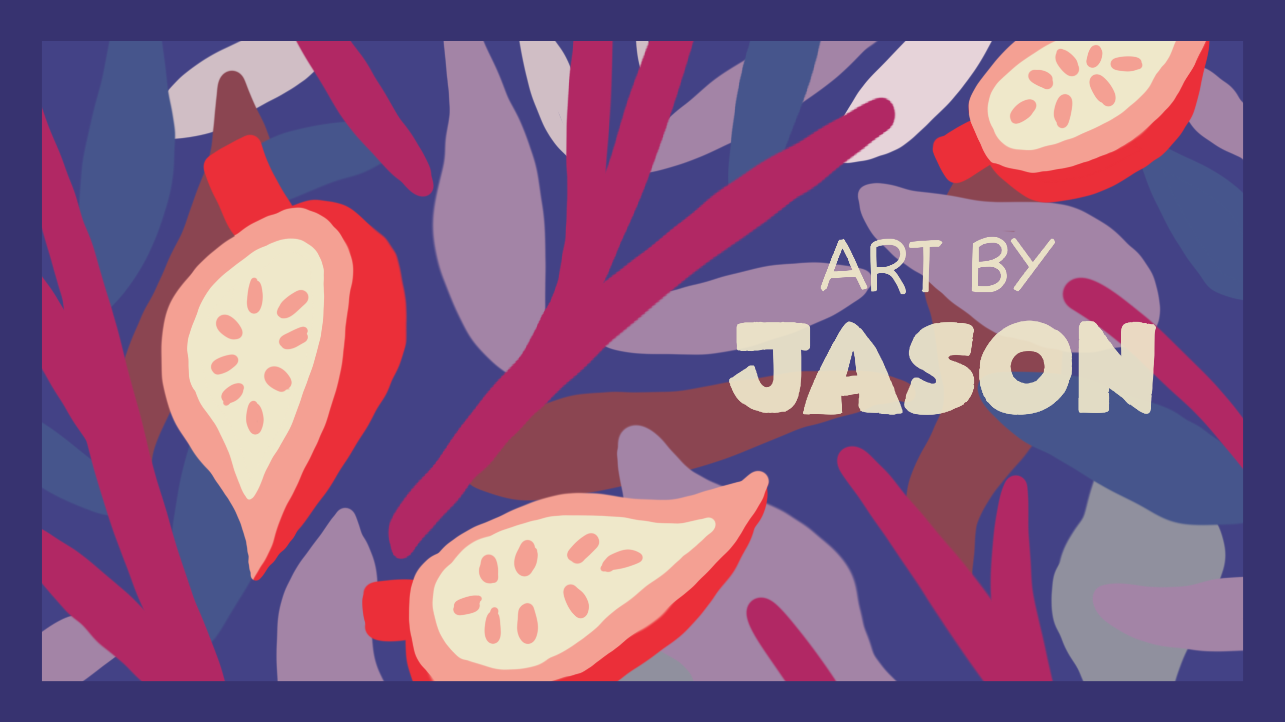 A flat digital pattern of halved fig shapes in muted pink-red tones with seeds visible, surrounded by red stems and purple-blue organic leaf forms on a blue background; decorative and stylized.