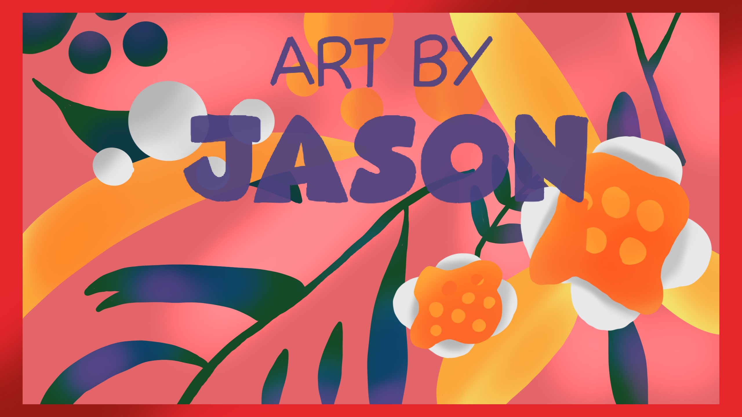 A vibrant flat-pattern illustration of salmon/pink flowers with orange, yellow, and white dots on bold stems against a coral-pink background with a red border; warm, playful, and graphic.