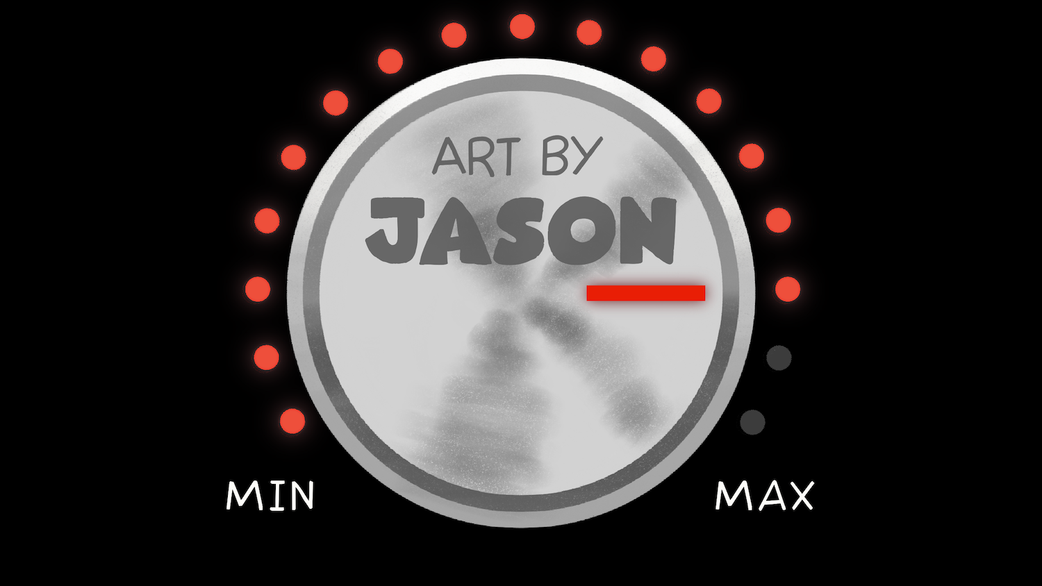 A large metallic circular dial with a red needle close to MIN sits on a solid black background, surrounded by red LED indicator dots; minimalist, clever, and calming.
