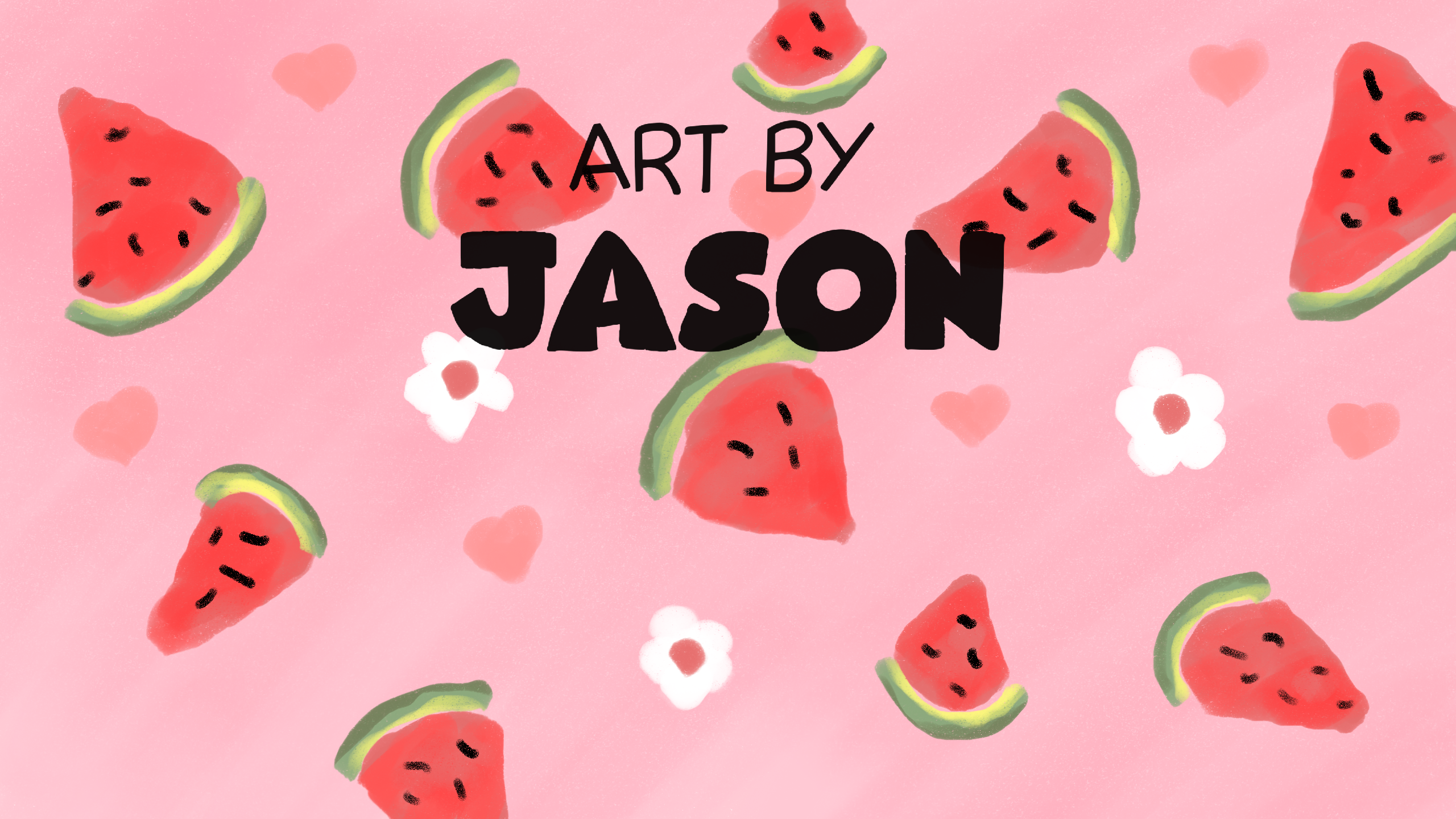 Scattered watermelon slice icons and small white flowers float on a bright pink background with tiny pink hearts; cute, flat, pattern-style illustration.