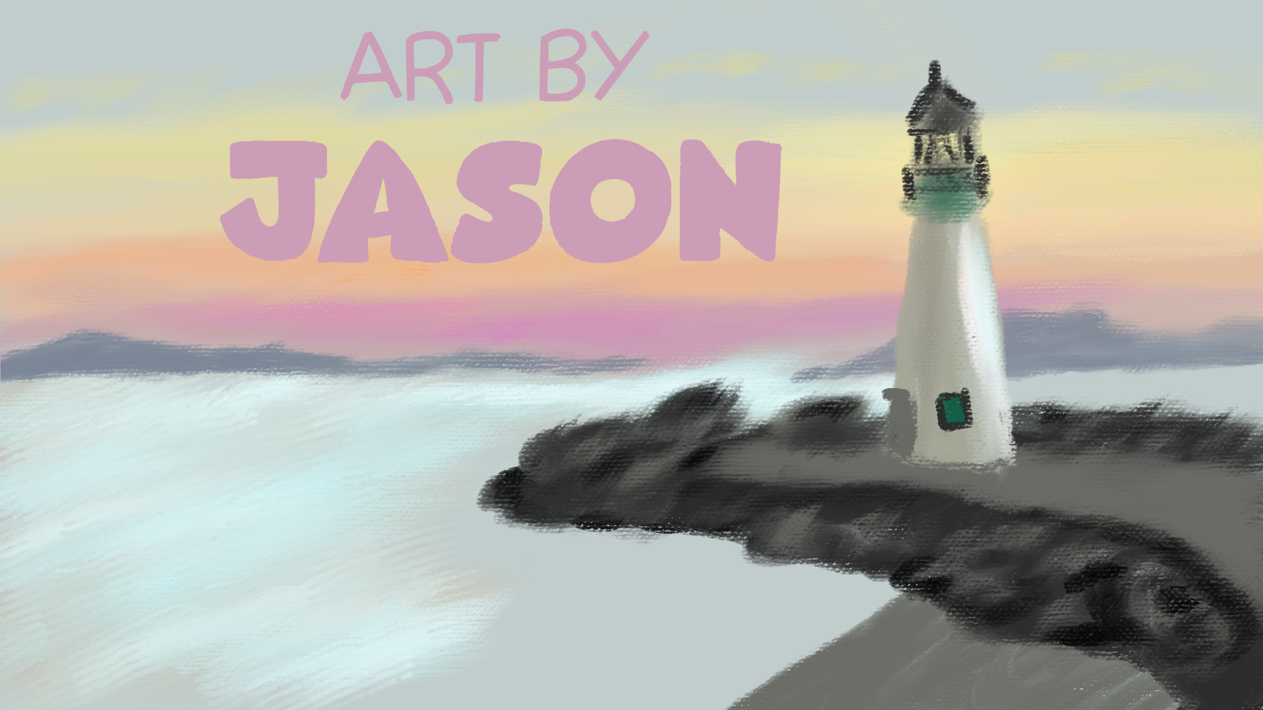 A tall white lighthouse stands on rocky coastal cliffs at sunset, with pastel pink, peach, and purple sky reflected on the calm ocean; painterly and peaceful.