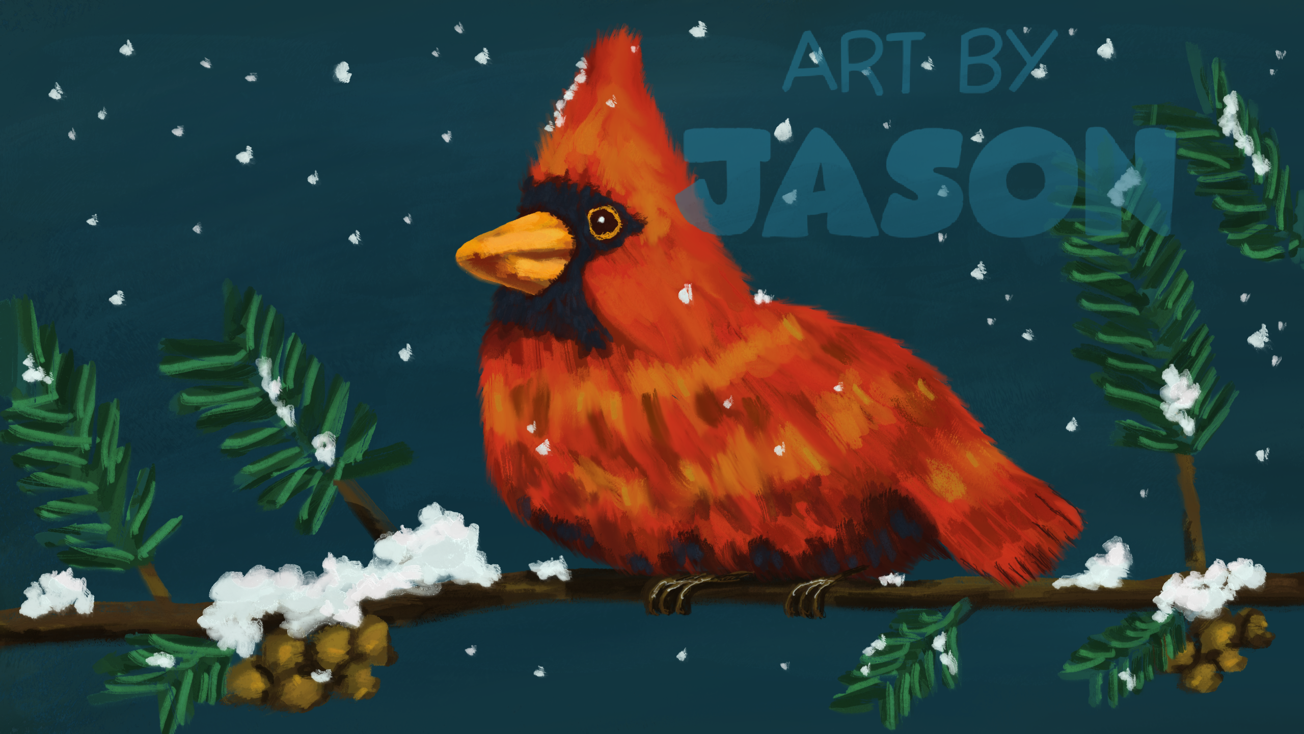 A vivid red cardinal perches on a snow-dusted branch with pine needles and pinecones against a dark teal night sky with falling snow; bold and painterly, richly detailed.