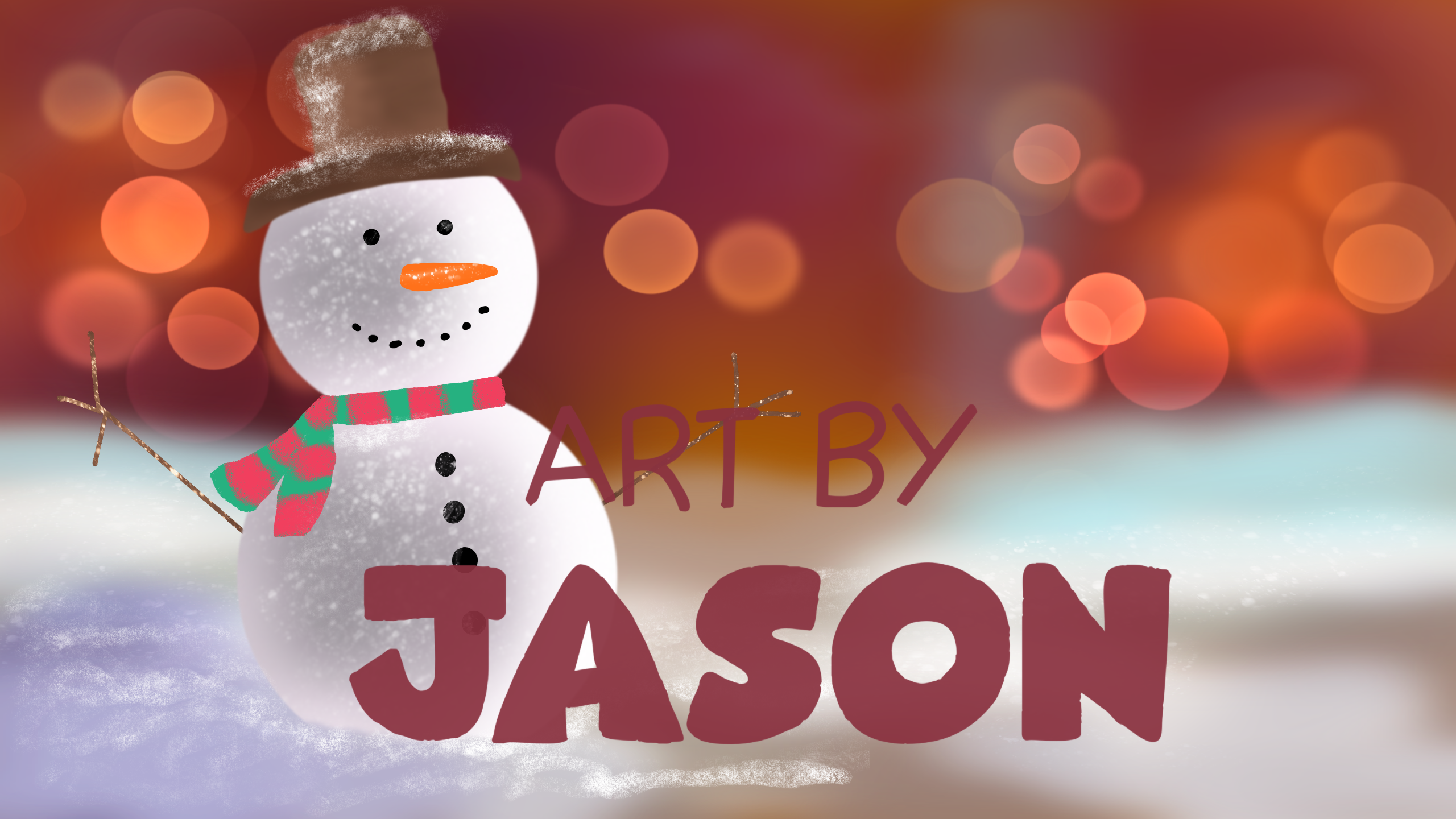 A glowing snowman with a brown top hat, striped scarf, and carrot nose stands in a warm orange-amber bokeh background; digital painting style, soft and nostalgic.
