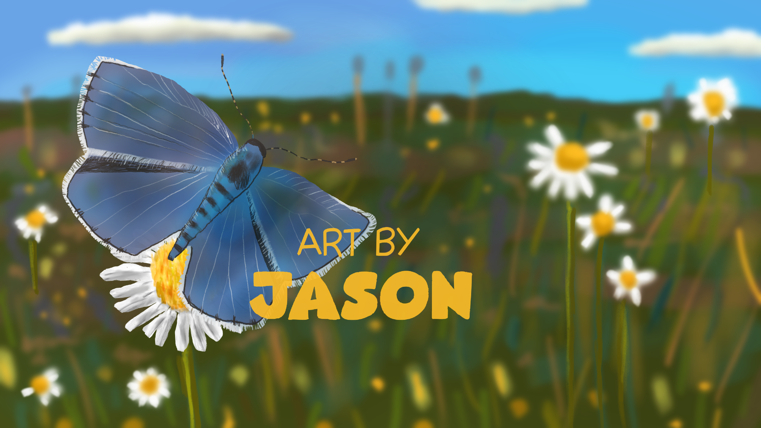 A pale blue butterfly with delicate white-edged wings rests on a white daisy in a green meadow field under a blue sky; painterly and graceful with an elegiac, memorial mood.