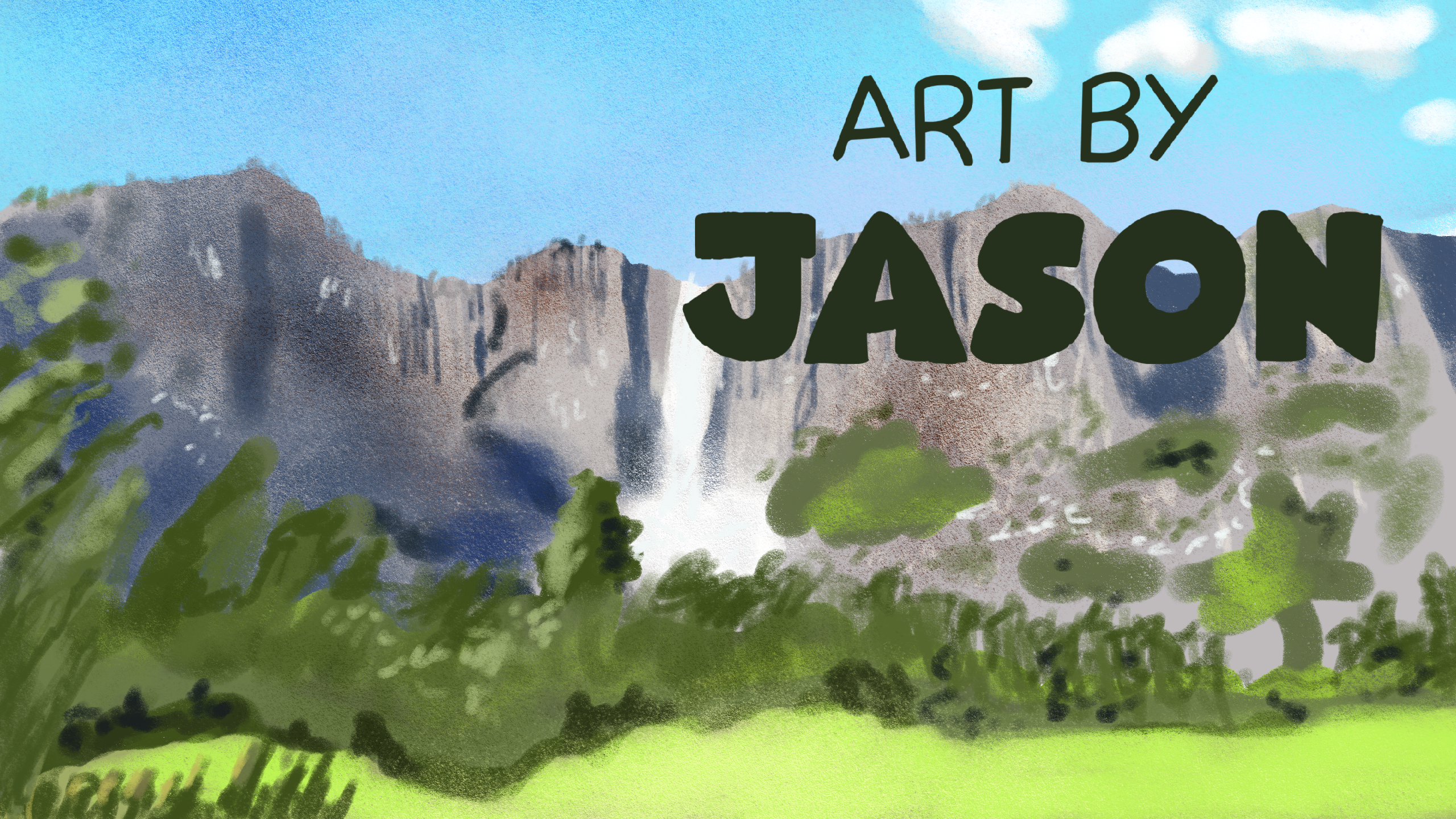 A wide digital painting of tall granite cliff faces with a waterfall cascading down, surrounded by lush green trees and a bright blue sky; painterly and majestic.