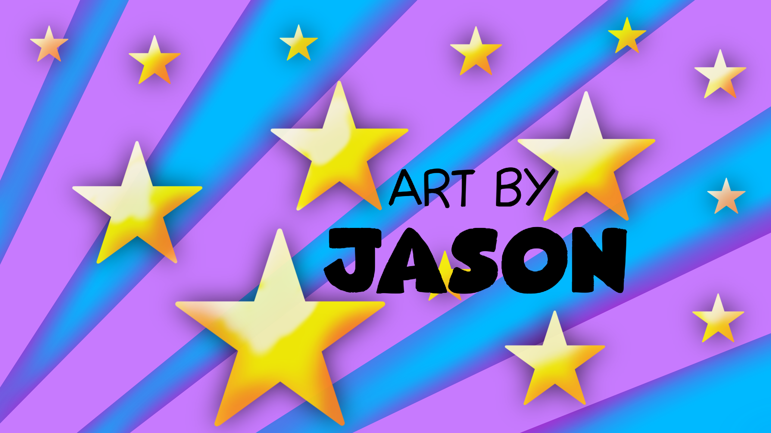 Multiple large gold 3D stars float across a vibrant purple-and-blue ray-burst background; bold, bright, and celebratory.
